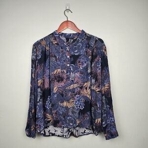 Ethyl Blouse Long Sleeve Top Floral Blue Brown Womens Size XL‎ Fall Flowy Office